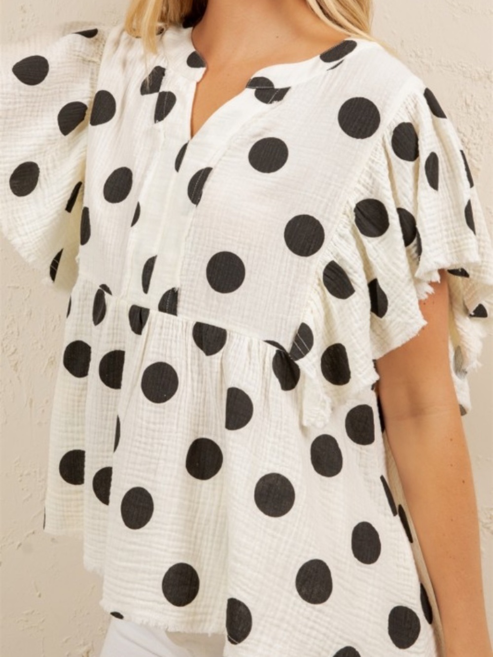 Sage & Fig Black & White Polka Peplum Top